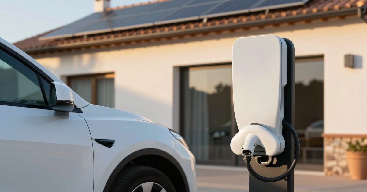 Coche eléctrico cargando en una casa con placas solares