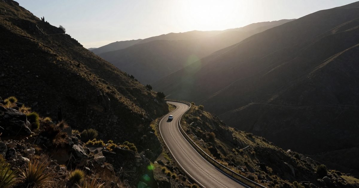 Carretera de montaña al atardecer con un coche a lo lejos