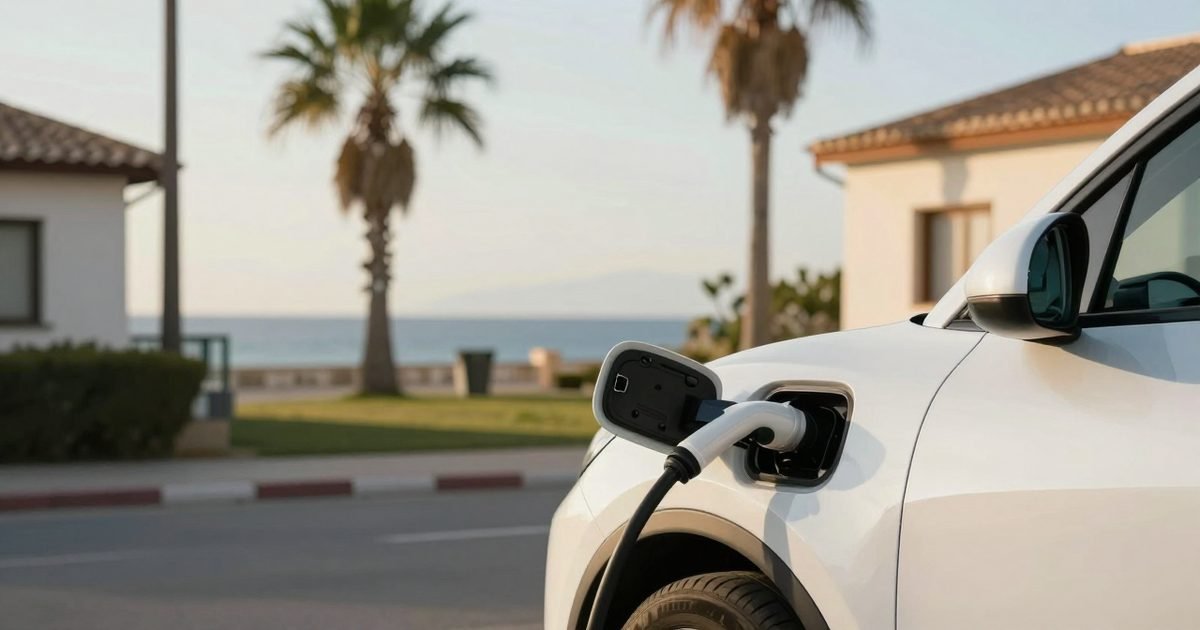 Coche eléctrico cargando en una casa de la costa mediterránea