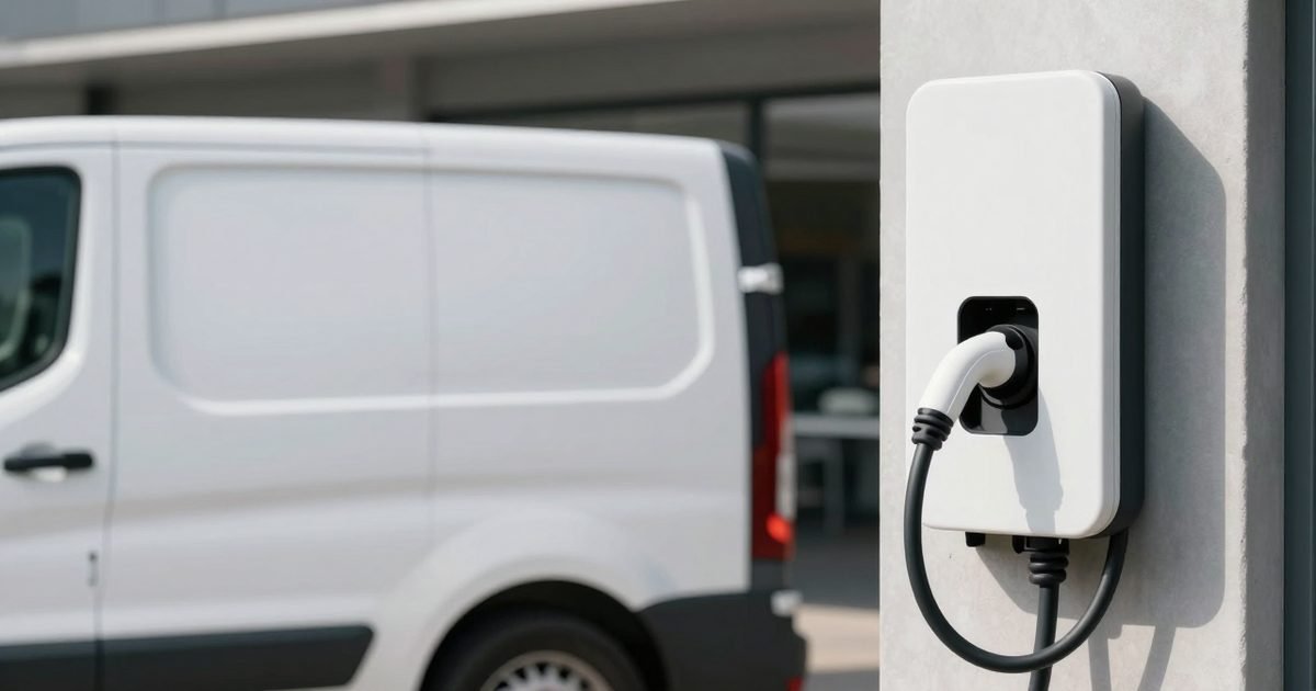 Furgoneta eléctrica cargando junto a una nave