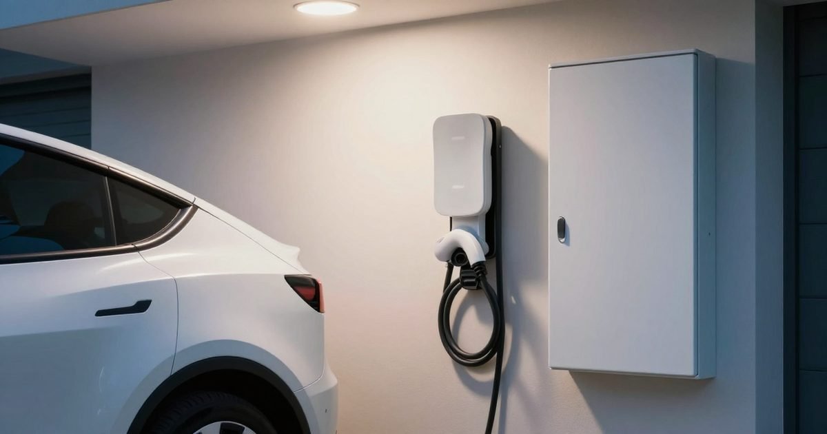 Coche eléctrico cargando de noche junto a una batería doméstica
