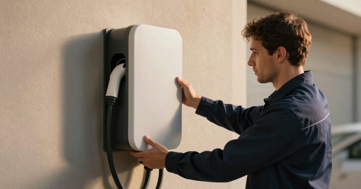 Técnico colocando un punto de recarga en la pared de un garaje