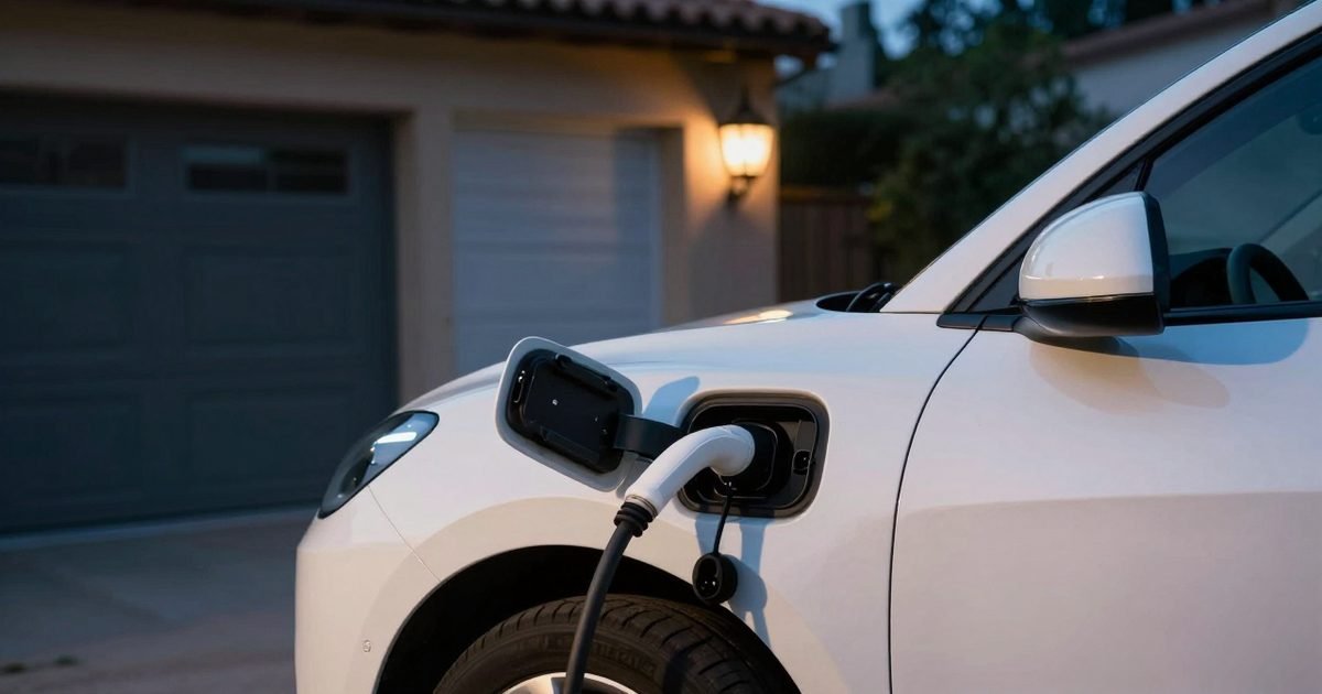 Coche eléctrico cargando por la noche en casa