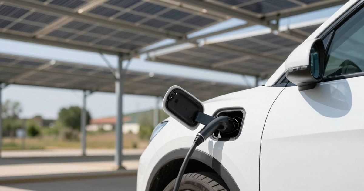 Coche eléctrico cargando bajo una pérgola solar