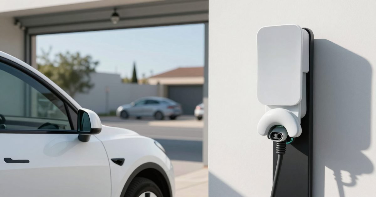 Coche eléctrico cargando en un garaje abierto a la calle