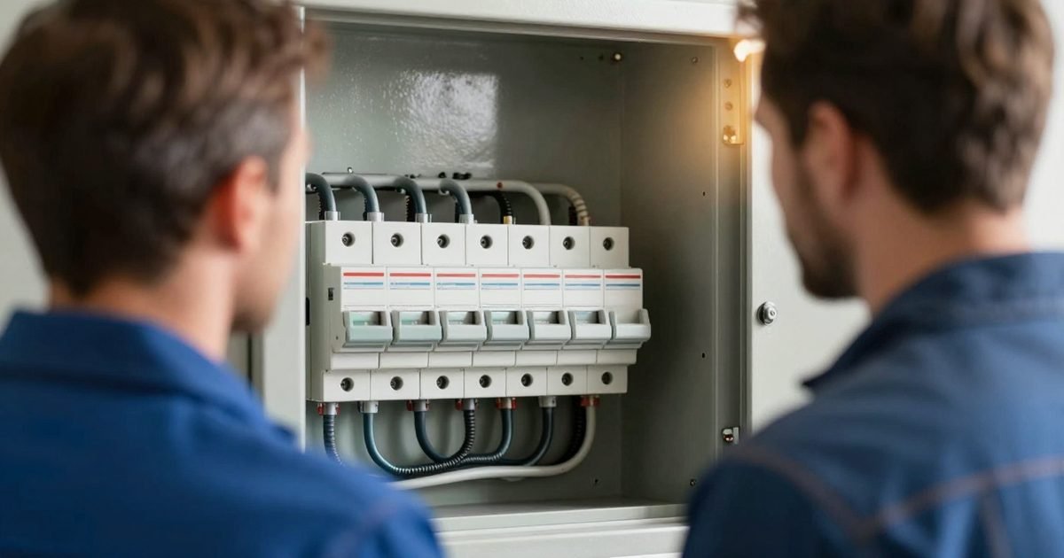 Instalador y propietario revisando el cuadro eléctrico