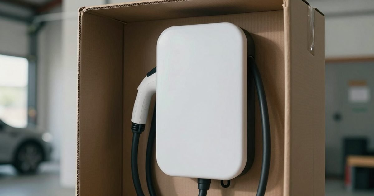 Wallbox nuevo en su caja en un garaje