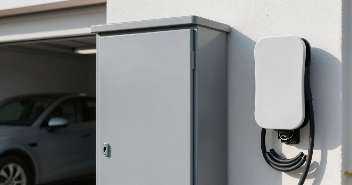 Armario de contadores cerrado junto a un garaje con punto de recarga