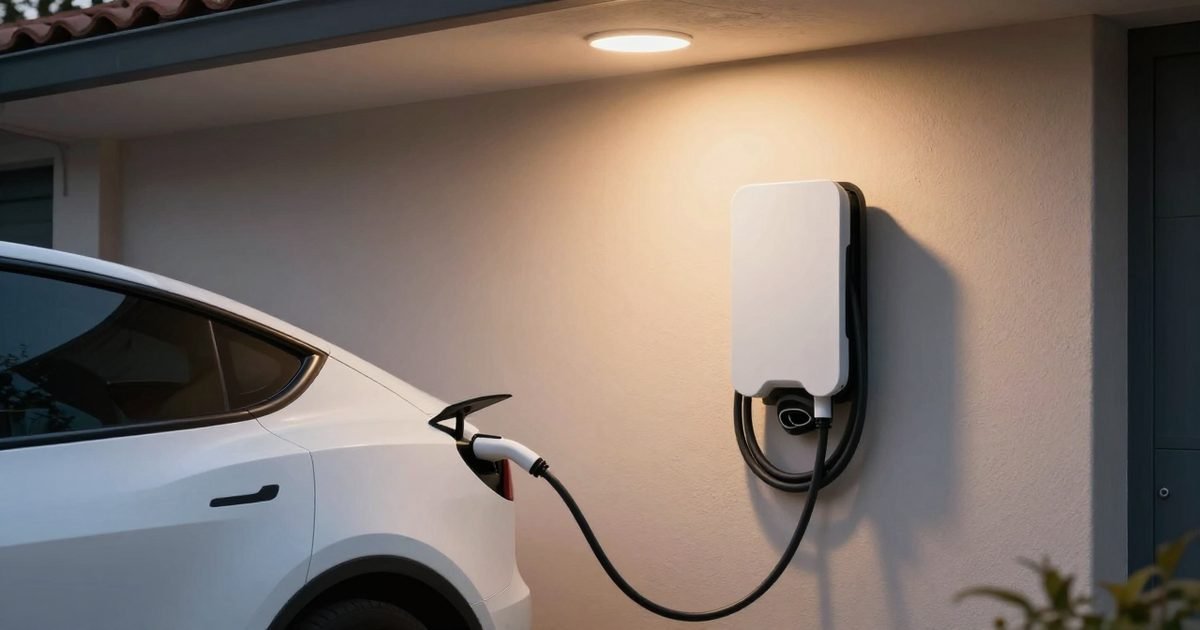 Coche eléctrico cargando en el garaje de casa al atardecer