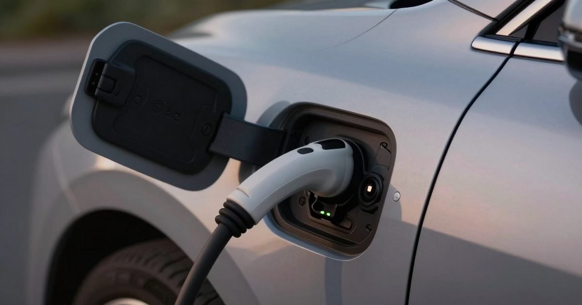 Toma de carga de un coche eléctrico con el indicador encendido