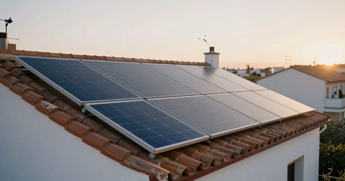 Placas solares en una casa al amanecer