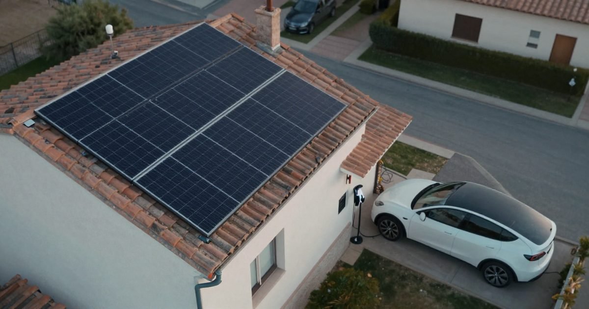 Casa con placas solares y coche eléctrico cargando, vista aérea