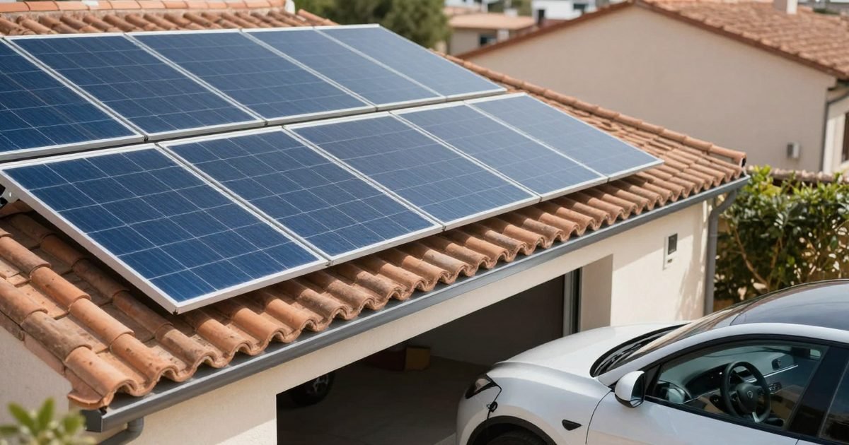 Placas solares a mediodía y coche eléctrico cargando