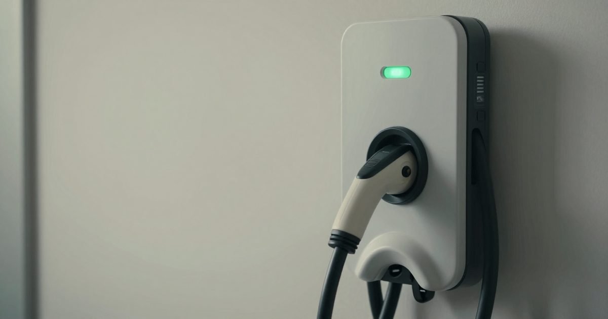 Detalle de un wallbox y su soporte del conector