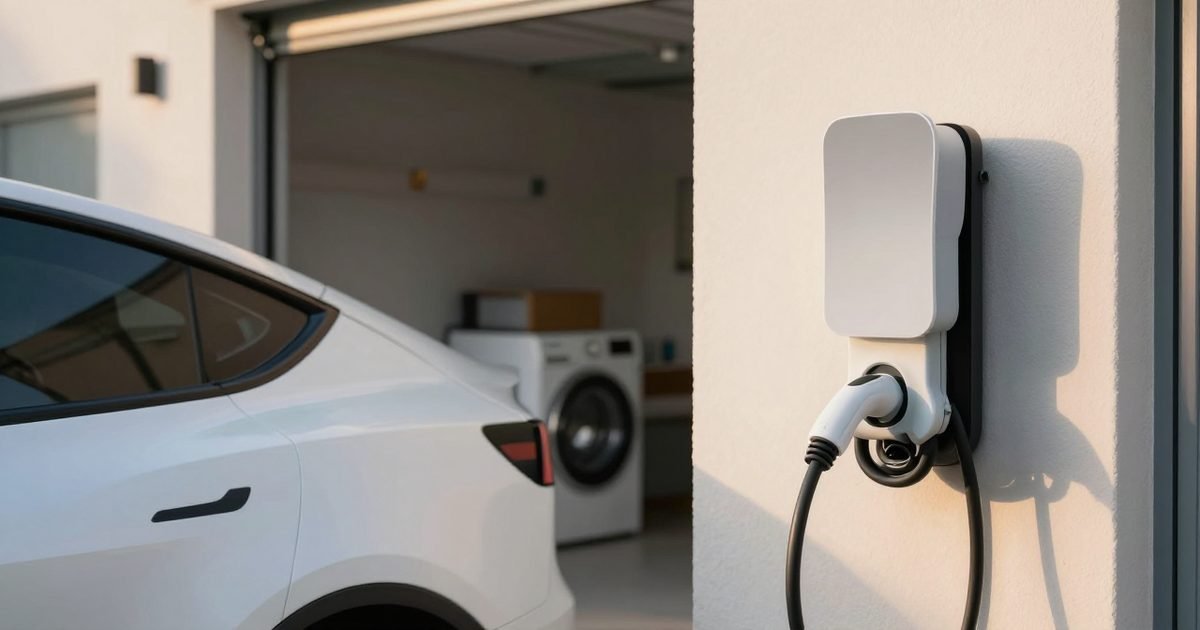 Coche cargando en casa con electrodomésticos funcionando al lado