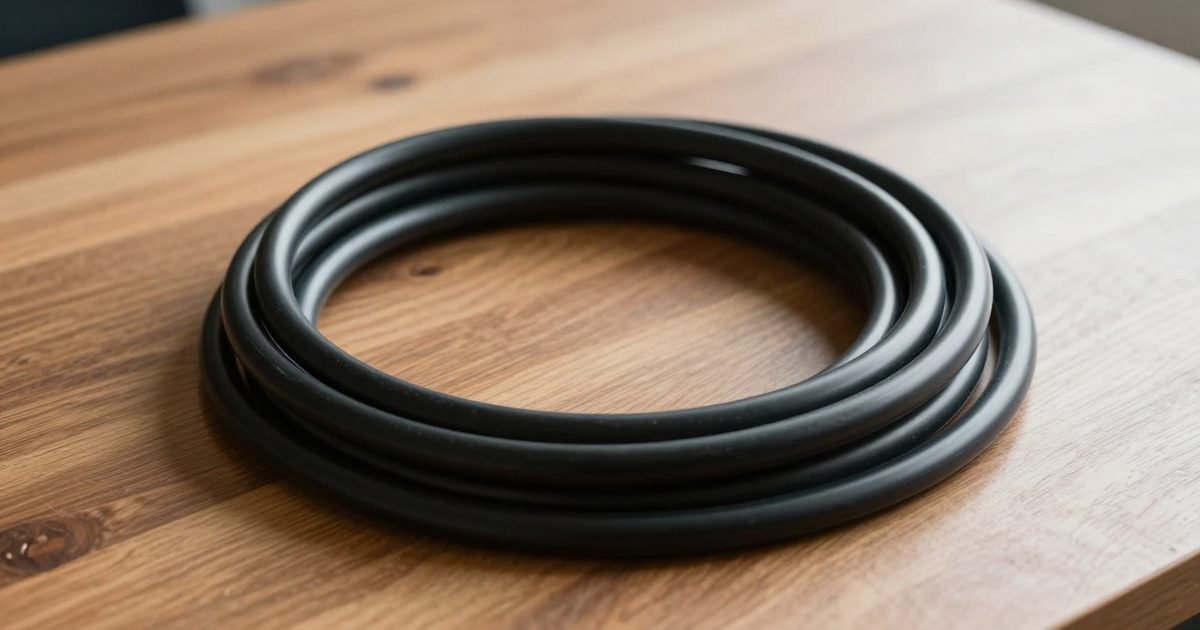 Cable de recarga enrollado sobre un banco de trabajo