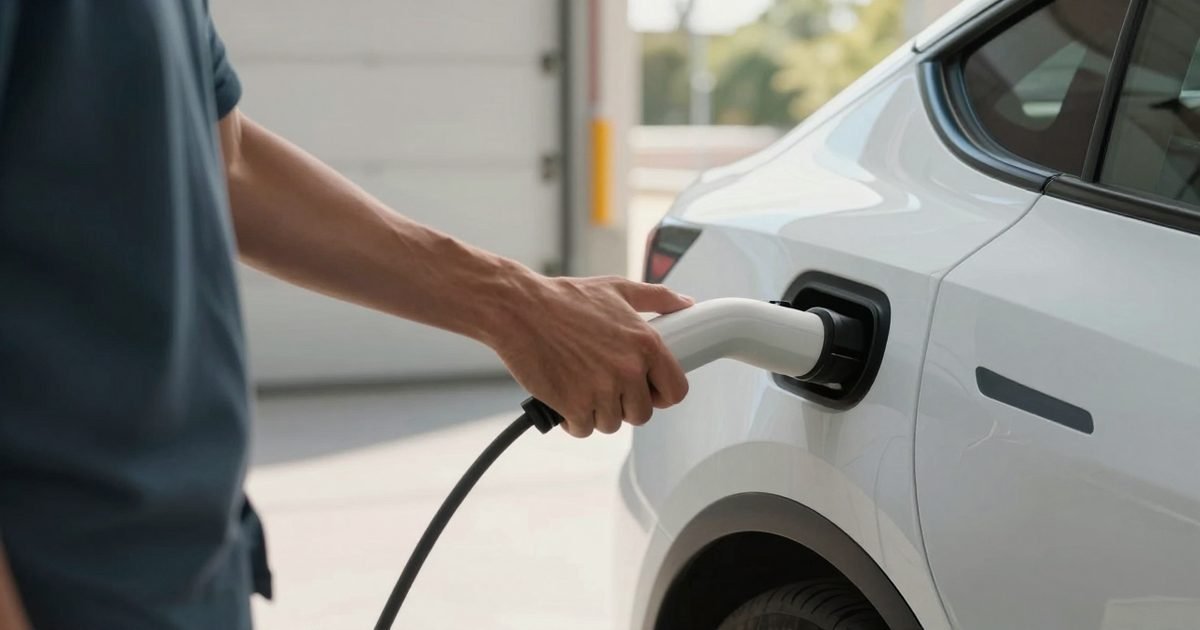 Persona enchufando su coche eléctrico nuevo en casa
