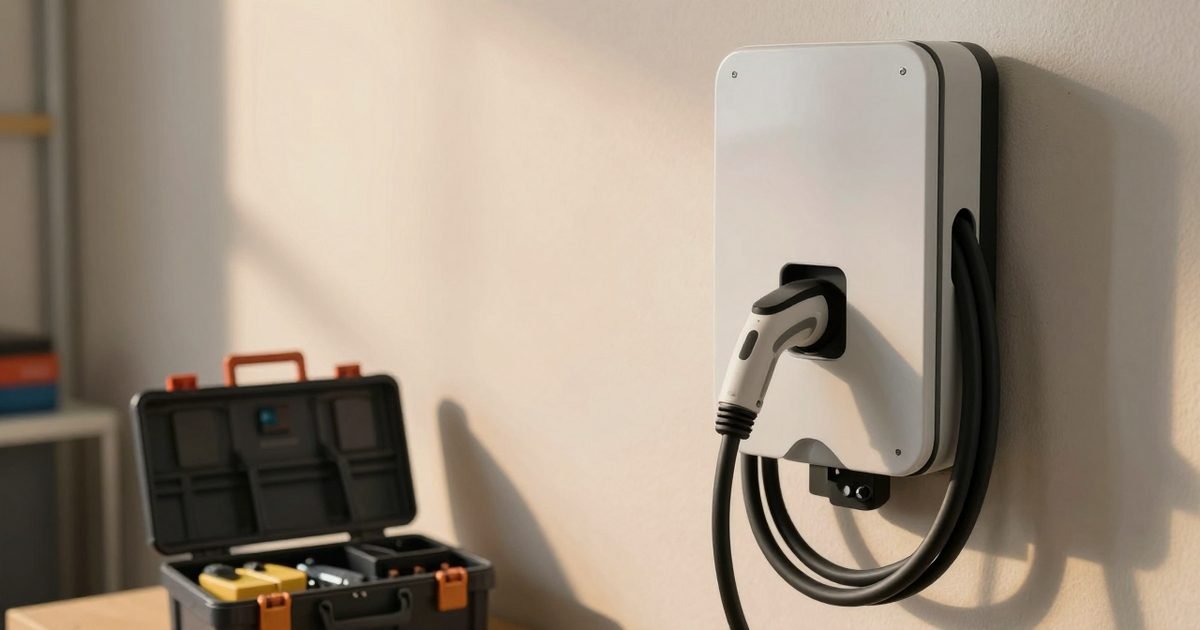 Caja de herramientas de electricista junto al soporte de un wallbox