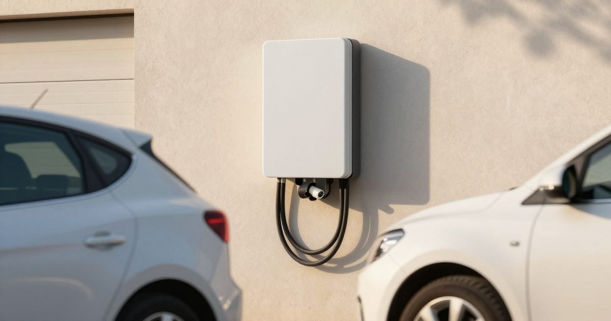 Inversor híbrido junto a un wallbox y un coche eléctrico