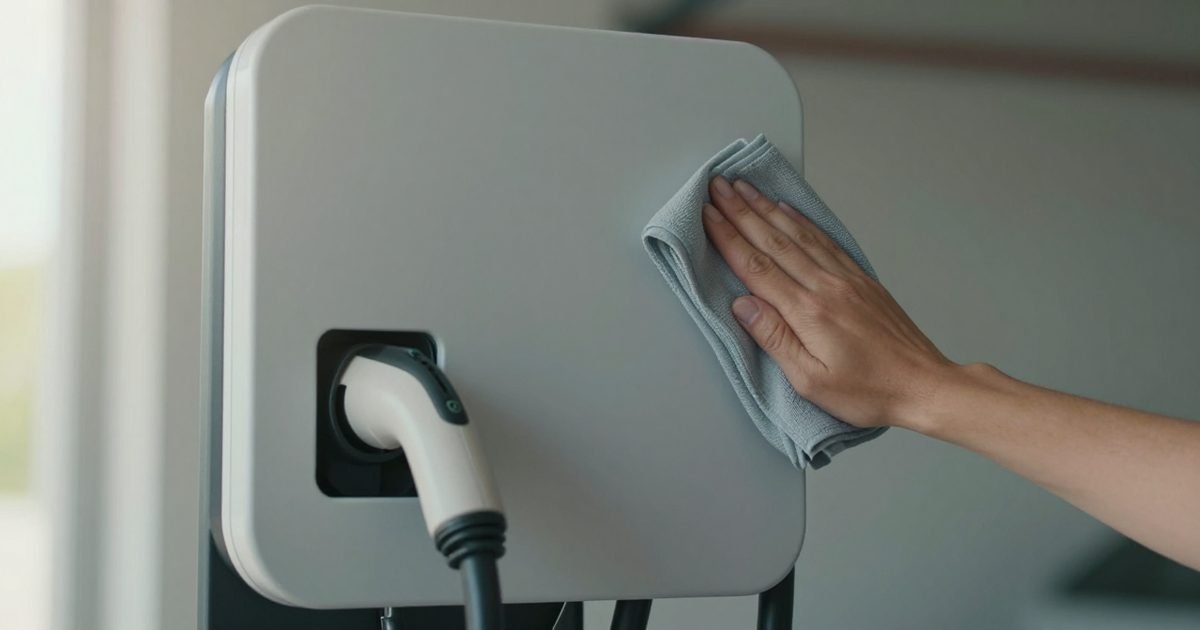 Mano limpiando la carcasa de un wallbox
