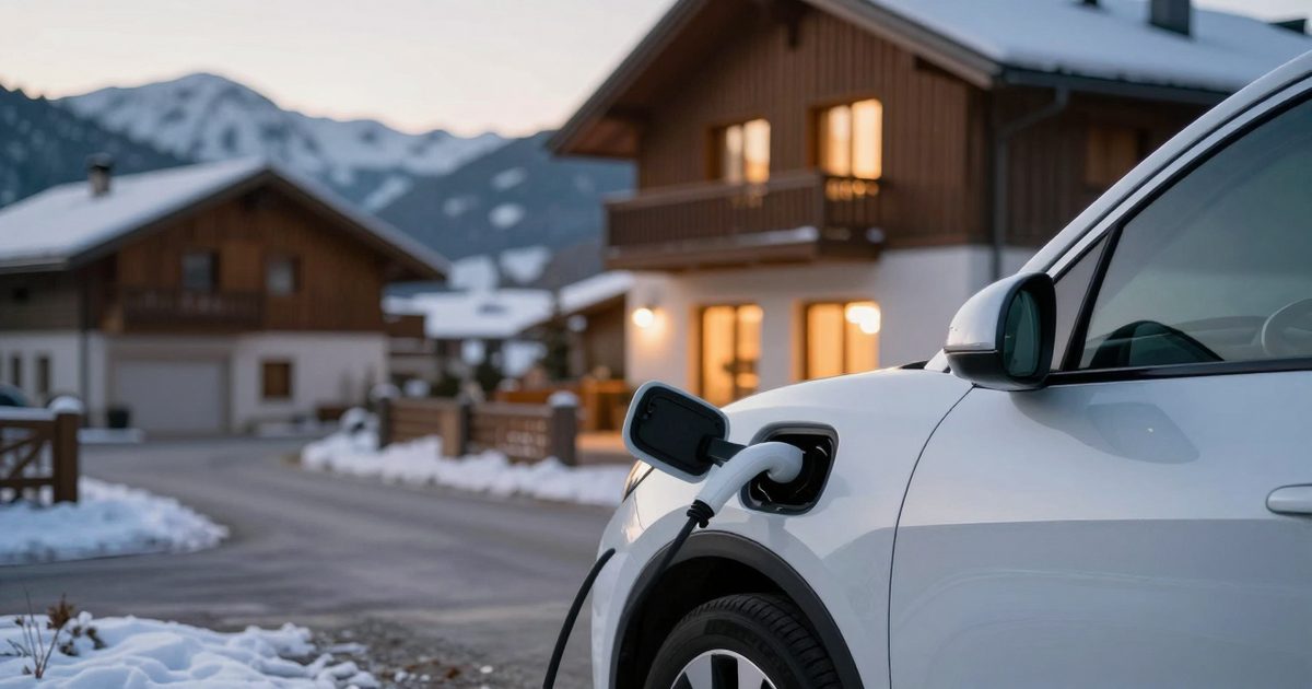 Coche eléctrico cargando en una casa con nieve