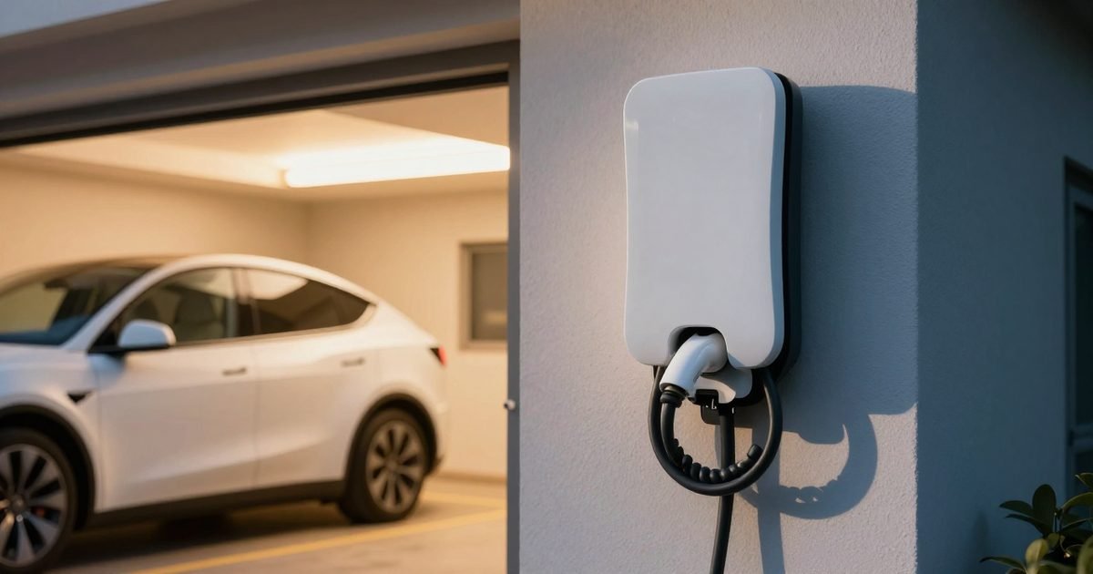 Coche eléctrico cargando por la noche en el garaje de una casa