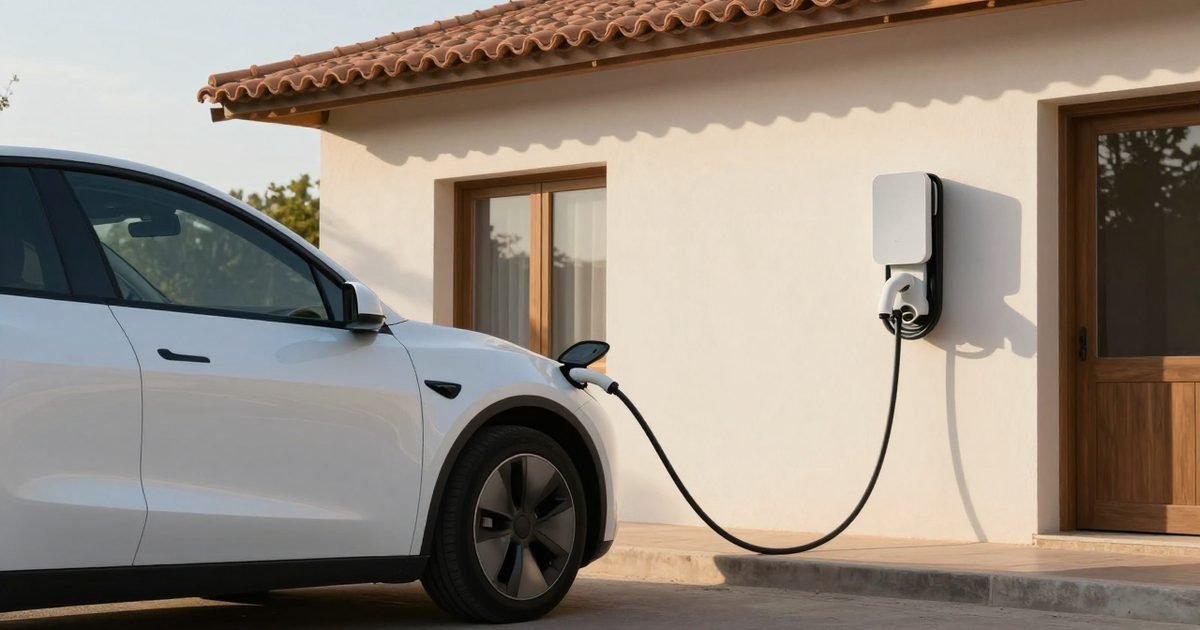 Coche eléctrico cargando en la entrada de una casa