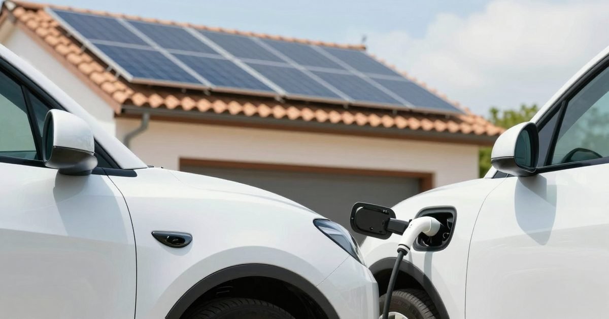 Coche cargando a mediodía con placas solares en el tejado