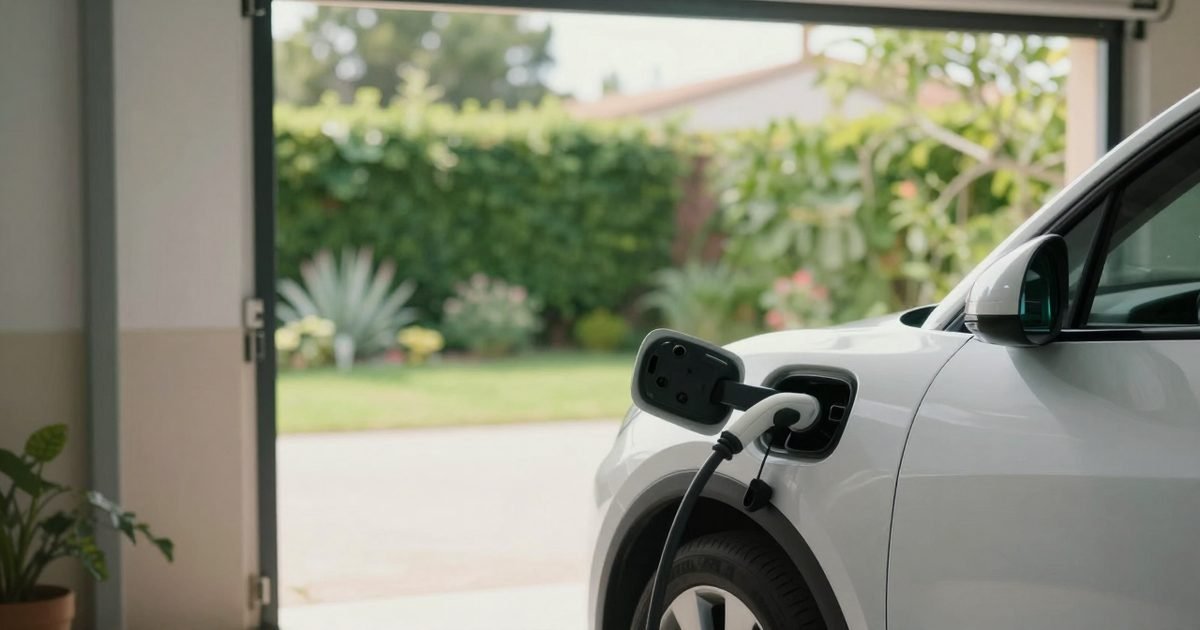 Coche eléctrico cargando en el garaje de casa