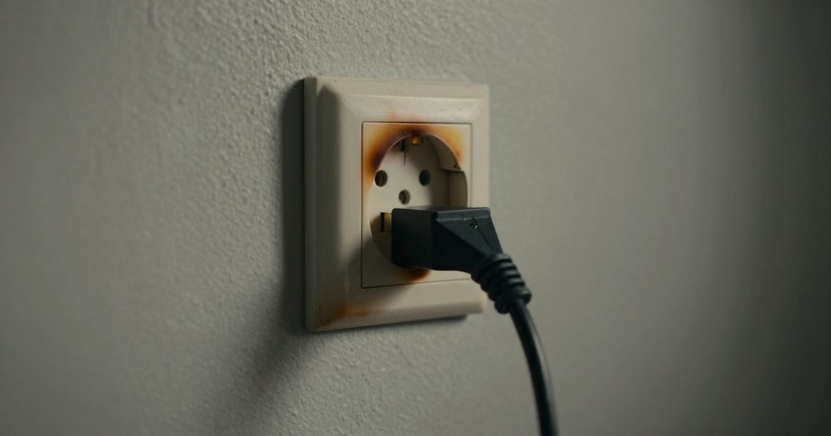 Enchufe doméstico quemado junto a un cable de carga