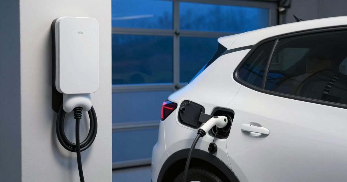 Coche eléctrico cargando de noche junto al contador de la luz