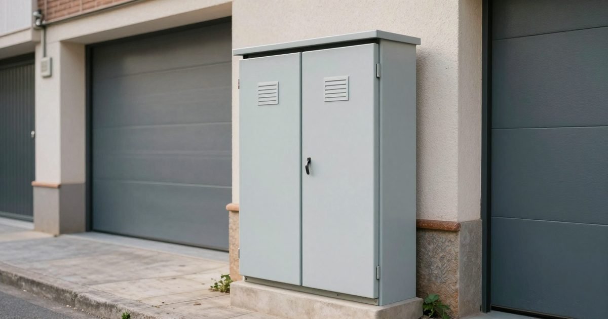 Armario de la distribuidora eléctrica junto a la entrada de un garaje