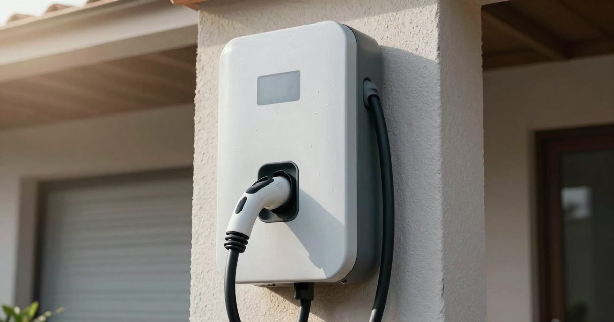 Wallbox exterior en una fachada con gotas de lluvia