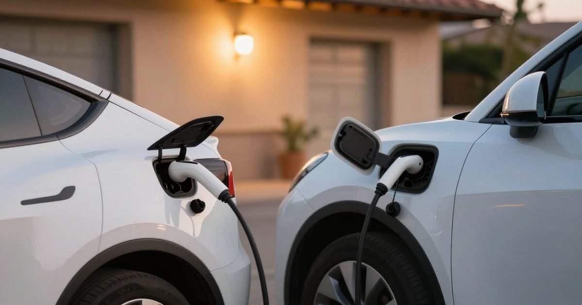 Dos coches eléctricos cargando en el garaje de una casa
