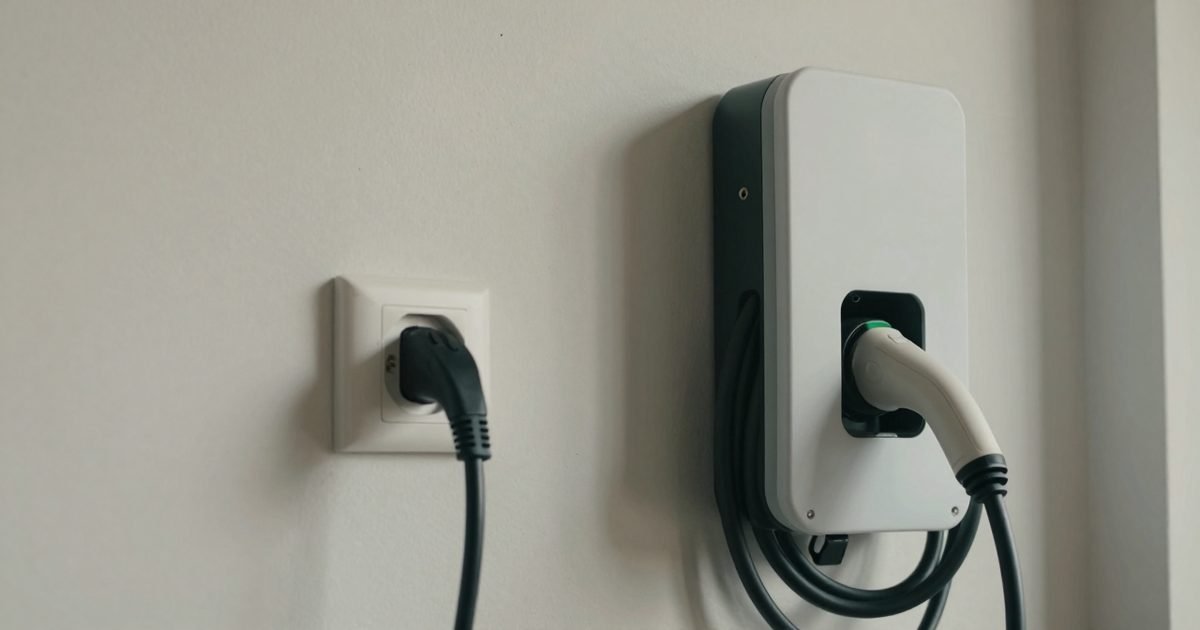 Enchufe doméstico con cable de emergencia junto a un wallbox
