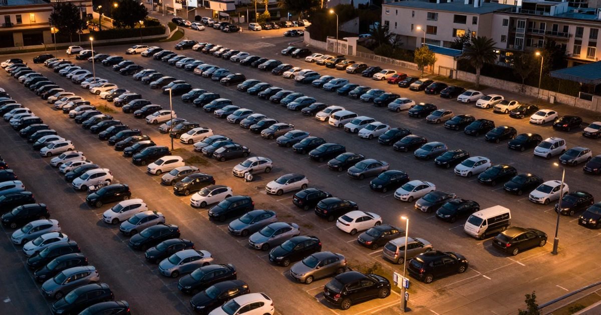 Aparcamiento público de una ciudad al anochecer