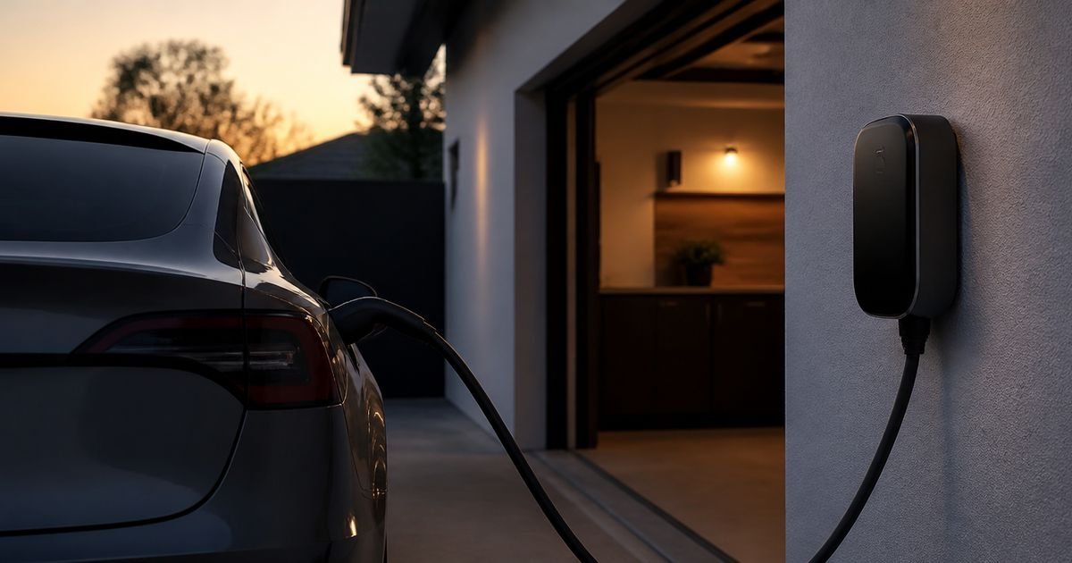 Wallbox cargando un coche eléctrico en el garaje de una vivienda al atardecer